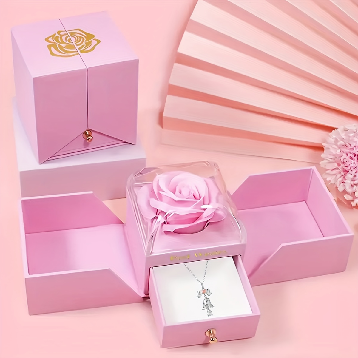 Women's Rose Flower Necklace with Bell and Bow Pendant